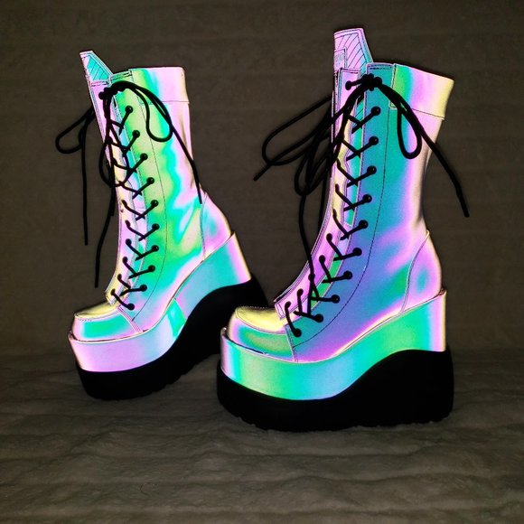 Void Purple Green Reflective Platform Wedge Mid Calf Goth Festival Boots NEW - Picture 4 of 17
